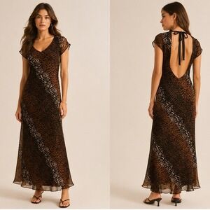Vintage 90s BAM! Maxi Dress Womens S Brown Chiffon Leopard Open Back Date Party